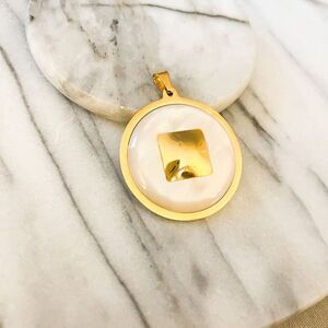 Vintage Pearlescent White Lucite Pendant Gold Toned Metal Round Circle Unsigned